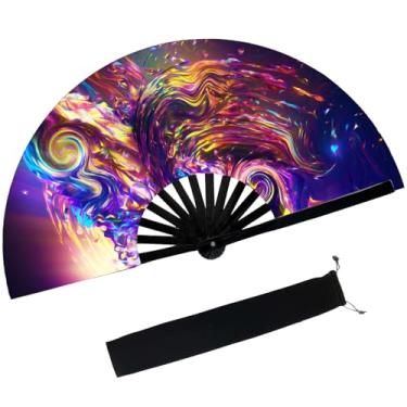Imagem de dmjuncong Grande ventilador dobrável de rave, ventilador portátil Clack com bolsa, para festivais de música, carnaval, roupas de arco-íris, discoteca, néon, suprimentos de decorações de festa