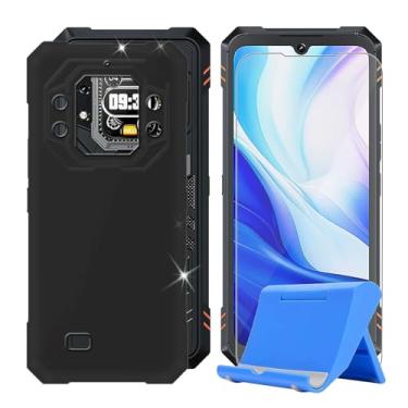Imagem de Capa para celular Cubot Kingkong Star 2 (6,7 polegadas) + protetor de tela, capa à prova de choque, capa de silicone macio e TPU antiarranhões + vidro temperado com suporte de telefone - preta