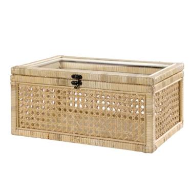 Imagem de ANMINY Cesta decorativa de vime de 36,8 cm com tampas de vidro, caixas de exibição retangulares boho com parte superior transparente, cestas de armazenamento de vime de cana naturais empilháveis para
