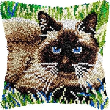 Imagem de Kits de almofadas de gancho de trinco, capa de almofada de gato siamês com estampa de lona impressa para sofá, almofada, fronha, artesanato, bordado, conjunto de kits de crochê 43 x 43 cm (74)