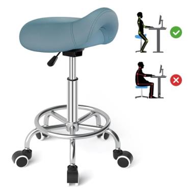 Imagem de YEEZEE Banco de selim ergonômico - banco de rodinhas confortável com enchimento de assento largo e grosso, cadeira giratória ajustável com rodas e pedal de anel para salão de massagem médica (azul)