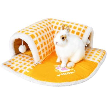 Imagem de Cama de túnel de coelho, tubos dobráveis 2 em 1, brinquedos com tapete removível para gatos, gatinhos, coelhos, porquinhos-da-índia, gatinhos, chinchila (amarelo, pequeno)