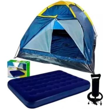 Imagem de Kit Barraca Camping 3 Pessoas Porta Dupla + Colchão Inflável Casal Resistente + Bomba de Ar