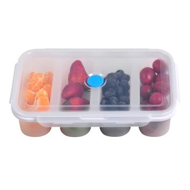 Imagem de Bandeja dividida para servir lanches com tampa, caixa de armazenamento de alimentos de silicone, recipiente portátil para lanches com 4 compartimentos, seguro para micro-ondas e lava-louças, branca