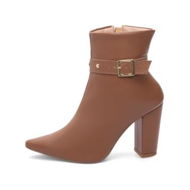 Imagem de Bota Salto Alto Grosso Cano Curto Bico Fino Feminina 9 cm (Caramelo, BR, Adulto, Numérico, 34)