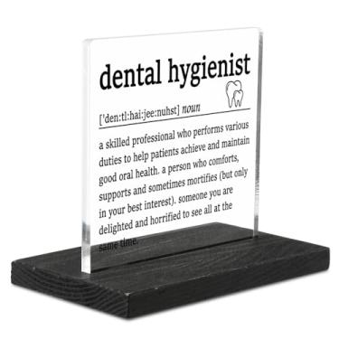 Imagem de Placa acrílica de definição de higienista dental com suporte de madeira, ideia de presente exclusiva para colegas de trabalho em consultório odontológico, exibição de mesa engraçada para RDH ou