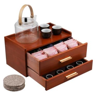 Imagem de Organizadores de chá e caixa de armazenamento com gaveta organizador de estação de chá para bancada com 8 compartimentos de madeira de pinheiro organizador de saquinho de chá com gaveta suporte para