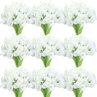 Imagem de Janinka 50 peças de flores artificiais de lírio de calla a granel buquê de lírios para casamento falso toque real buquê de lírio de seda para decoração de festa em casa, 35 cm (branco)