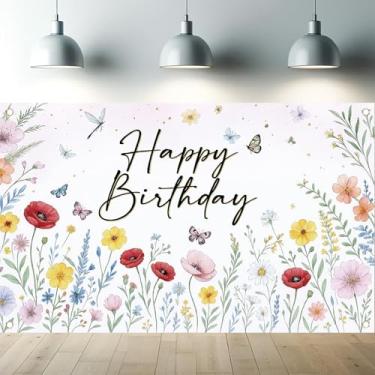 Imagem de Starlit Patio Banner floral de aniversário, flores silvestres, feliz aniversário, fotografia, fundo borboleta, para mulheres, meninas, decoração de festa de primavera, cabine fotográfica, mesa de bolo
