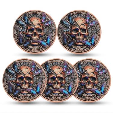 Imagem de RYUKENLM Pacote com 5 Moedas Memento Mori 3D Skull Challenge Coins EDC Reminder Token Tempus Fugit Presentes de estoicismo inspirador para prática estoica diária