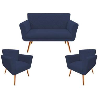 Imagem de Kit Namoradeira + 2 Poltronas Decorativa Sabrina Suede Azul Marinho Pé