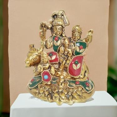 Imagem de Shiv Parivar Colored Brass Idol with Meenakari Stonework, Hindu Deity Family Statue with Lord Shiva Parvati Ganesh Kartikeya, L-9 cm, W-8 cm, H-10 cm wt-200 gm, Handcrafted Traditional Design