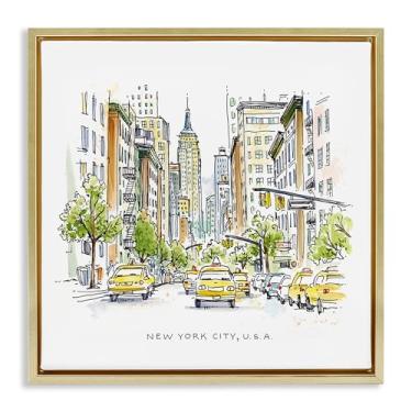 Imagem de Stupell Industries Arte de parede em tela flutuante emoldurada dourada vista da cidade de Nova York por Angela Steahling, 63 x 63 cm