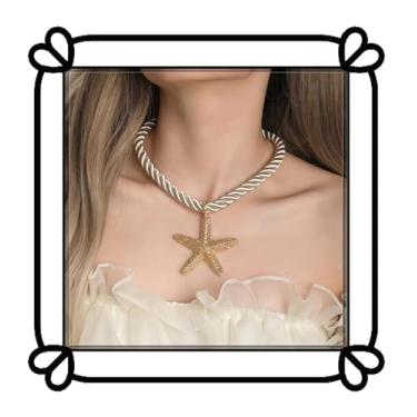 Imagem de DIONFEI Colar requintado de corda bege com pingente de estrela do mar dourado - Colar de estrela de sereia de praia - feminino