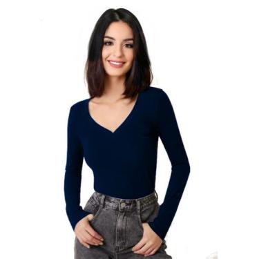 Imagem de Blusa feminina manga longa gola V Tribo Livre, Azul marinho, GG