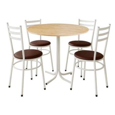 Imagem de Mesa de Jantar Redonda 80cm Pinus Com 4 Cadeiras Estofada Branca - Lam