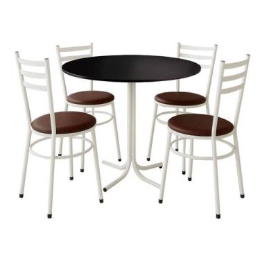 Imagem de Mesa de Jantar Redonda 80cm Preta Com 4 Cadeiras Estofada Branca - Lam