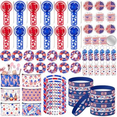 Imagem de Retisee 84 peças de lembrancinhas de festa de 4 de julho, acessórios do Dia da Independência a granel, ventilador de mão patriótico, bolsa de cosméticos com bandeira, pulseira, faixa de cabelo azul e