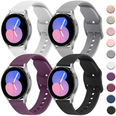 Imagem de Wanme Pulseiras compatíveis com Samsung Galaxy Watch 5 de 40 mm e 44 mm, pulseiras Galaxy Watch 5 Pro de 45 mm, pulseira de silicone ajustável de 20 mm para Galaxy Watch 5 mulheres e homens (preto + branco + cinza + roxo)