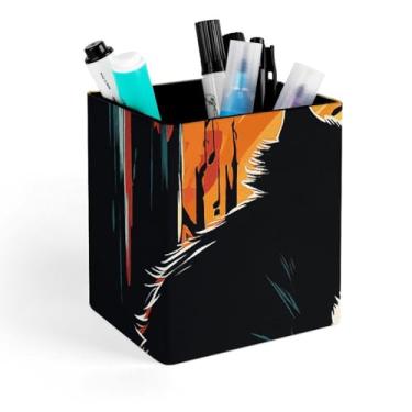Imagem de Porta-lápis de couro para homens e mulheres, silhueta de gato, porta-lápis, organizador de pincéis de maquiagem, copo quadrado para mesa de escritório em casa