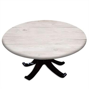 Imagem de Toalha de mesa redonda de prancha de madeira, estampa de textura de prancha de madeira, borda elástica, impermeável e limpável, adequada para casamento/banquete/restaurante/festa, adequada para mesa