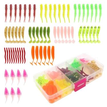 Imagem de OriGlam 68 peças de iscas de pesca Topwater Iscas artificiais mistas, caixa de equipamento, iscas de plástico macio, incluindo centopéia de minhoca macia para walleye de truta robalo