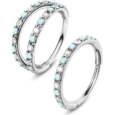 Imagem de OUFER 2 anéis de nariz de opala para mulheres, 20G 8 mm anéis de nariz de argola simples e dupla, joias de piercing de narina com segmento articulado, cartilagem concha torre hélice tragus daith joias