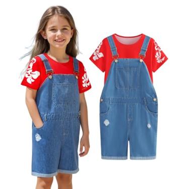 Imagem de ZIW Fantasia havaiana de praia Hula para meninas, top floral com shorts jeans azul, fantasia infantil de Halloween, Azul, vermelho, 11-12 Anos