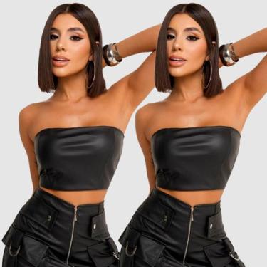 Imagem de Kit 2 Cropped sem alça Faixa Couro Ziper Top Moda Balada Festa Chic La