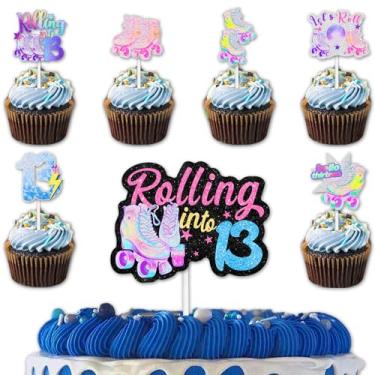 Imagem de 18 peças de patins com glitter, 12 peças, topo de cupcake, 1 peça de topo de bolo para os anos 80, 90, retrô, hip hop, patinação, rolo em 13 artigos de decoração temática, decorações de festa de feliz
