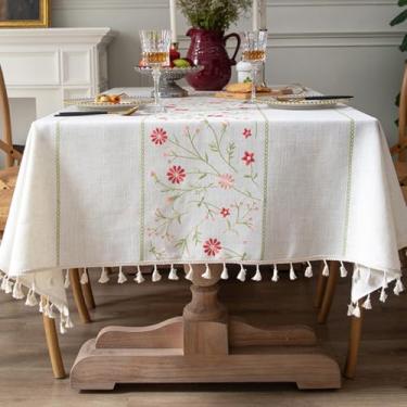 Imagem de KAIJIE Toalha de mesa de chá retangular francesa romântica toalha de mesa de algodão e linho com borlas macia e sem rugas com borlas 100 x 160 cm