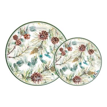 Imagem de 48 peças de pratos para festa de Natal, pinhas de inverno, pratos de papel, 23 cm, 18 cm, aquarela, ramos de pinheiro, cones de eucalipto, prato de sobremesa para jantar redondo descartável para