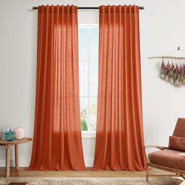 Imagem de Cortinas de linho laranja brilhante 228 cm de comprimento, conjunto de 2 painéis para quarto, sala de estar, cortinas de janela texturizadas de linho macio semitransparentes, bolso para varão, aba