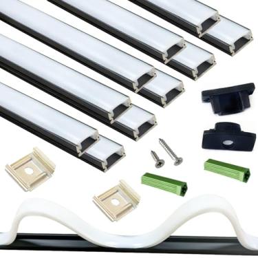 Imagem de Difusor de canal U preto com tira de LED, pacote com 10, 9 m, fita de luz montada na superfície, faixa de alumínio com capa de silicone contínua. Balcão de escadas de armário, perfil baixo instalado