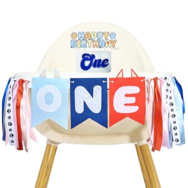 Imagem de WODCM Faixa de cadeira alta azul marinho laranja azul claro e topo de bolo fofo filhote de cachorro guirlanda um feliz aniversário cadeira alta adereço foto