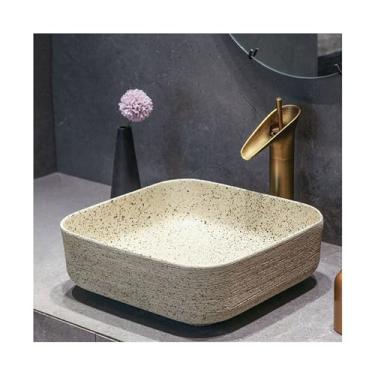 Imagem de YANIR-137 Bacia de pia de vaso de banheiro lavatório de cerâmica vintage pias de banheiro antigas linhas esculpidas arte bancada bacia com acessórios lavatório acima do balcão pia da vaidade