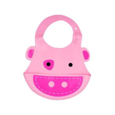 Imagem de Babador Para Bebê Infantil Silicone Porquinho Rosa com bolso cata-miga