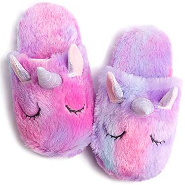 Imagem de Chinelos de unicórnio arco-íris/pantufas fofas para meninas/pantufas femininas aconchegantes de pelúcia para uso interno e externo/melhores presentes de unicórnio, Rainbow Purple, 1.5-3 Little Kid