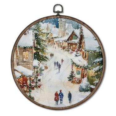 Imagem de Giosve Pôster emoldurado em tela redonda de Natal vintage, aconchegante inverno, vila nevada, esculturas de parede para pendurar em casa, quarto, sala de estar, 25 x 25 cm