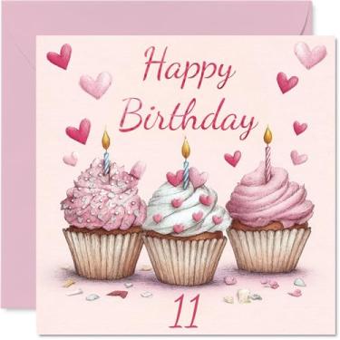 Imagem de Cartões de aniversário de 11 anos para meninas e meninos - Cupcakes rosa - Cartão de feliz aniversário para meninas de 11 anos de idade menino neto irmã filha neta, cartões comemorativos de