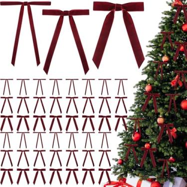 Imagem de 45 peças de laços de veludo de Natal bordô, laço de guirlanda de 13 x 18 cm laços rústicos artesanais de 3 tamanhos laço de fita vintage laço de árvore de veludo de Natal para decoração de casa
