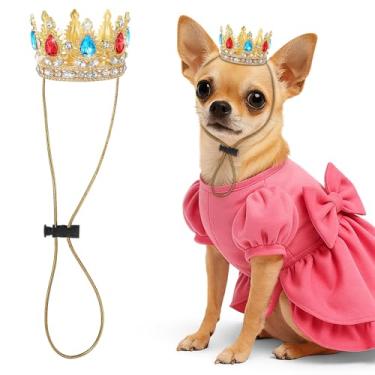 Imagem de Abbylike Coroa de princesa de estimação para fantasia de Halloween rosa com alça ajustável ouro glitter strass coroa chapéu para cães gatos festa de aniversário, celebração de adoção, adereço de fotos