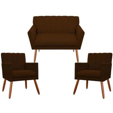 Imagem de Kit Namoradeira + 2 Poltronas Decorativa Cecília Suede Marrom Pés Made