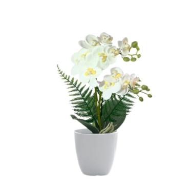 Imagem de Plantas Artificiais Decorativas, Arranjo De Orquídea Artificial Toque Natural Luxo Decoração(Branca Vaso Redondo)