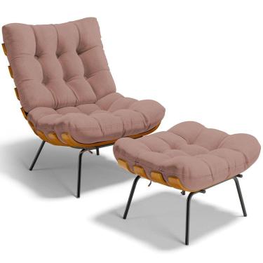 Imagem de Poltrona Costela L02 com Puff Sala de Estar Linho Rosê  - Lyam Decor