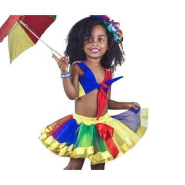 Imagem de Fantasia Frevo Carnaval Infantil, Conjunto Cropped e Saia Tutu Multicores, Vermelho, Azul, Verde e Amarelo, Folclore,Tam M- 8 anos