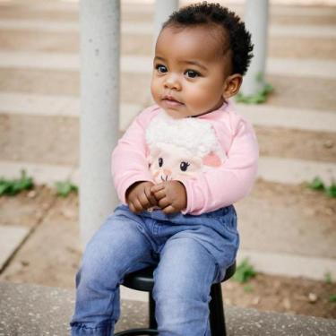 Imagem de Conjunto Para Bebê Body E Calça Jeans Bordado Ovelha Rosa Claro - Era 