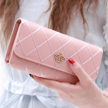 Imagem de Carteira feminina longa dobrável de couro com porta-cartões com fivela com zíper elegante carteira clutch bolsa feminina, rosa, 7.68 x 0.79 x 3.74 inches, Tendência