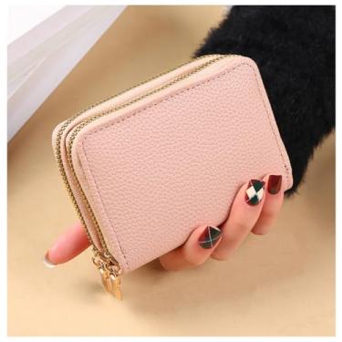 Imagem de Carteira de cartão de crédito, porta-cartões de visita com zíper duplo para mulheres, porta-moedas tamanho compacto, rosa, Porta-moedas com zíper duplo