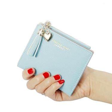 Imagem de Carteira feminina compacta pequena borla com zíper porta-cartões de embreagem pingente porta-cartão de crédito, Azul, Carteira pequena